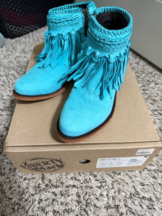 LIBERTY Black Shoes - LIBERTY Black Turquoise Suede Fringe Ankle Boots